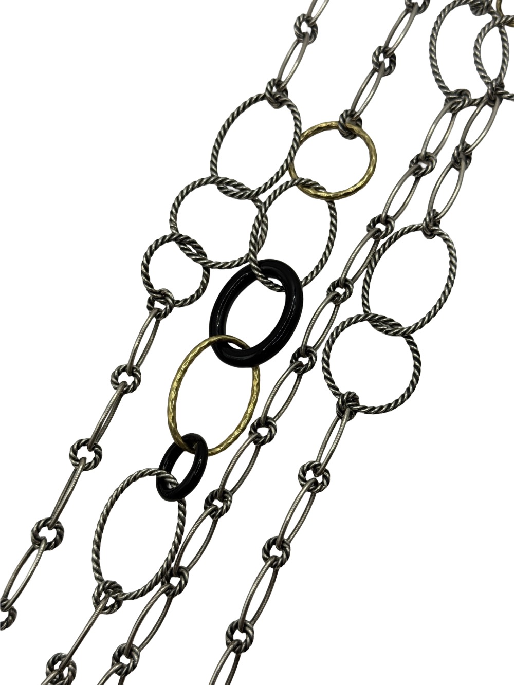 David Yurman .925 silver /18k Gold, 42", Onyx Station Long Necklace. 'Mobile'.