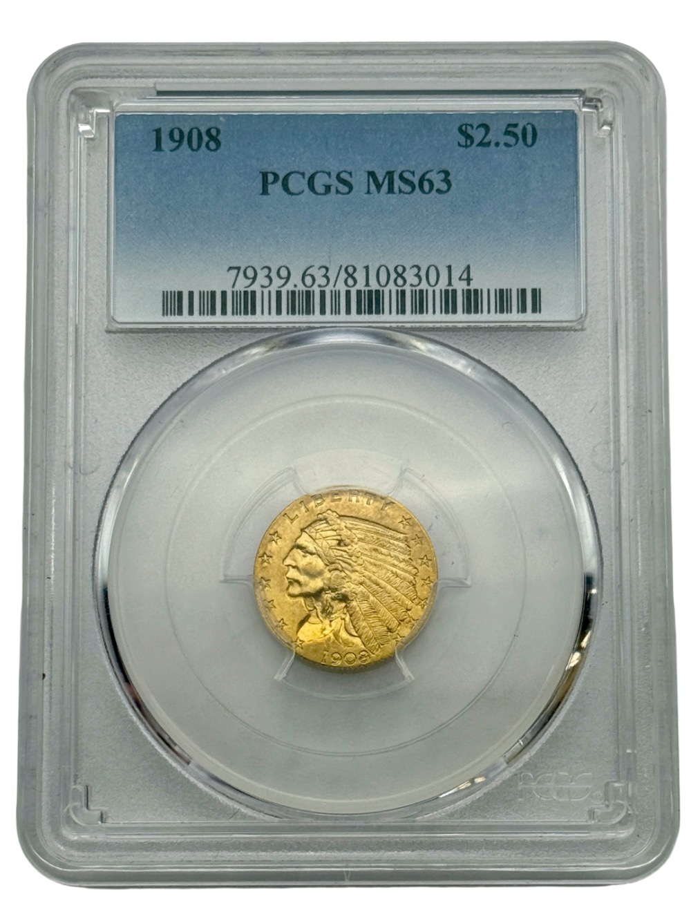 1908 $2.5 Indian Gold Quarter Eagle, PCGS MS63, First Year of Issue