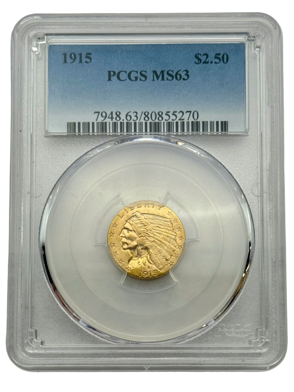 1915 $2.5 Indian Head Gold Quarter Eagle, PCGS MS63, Original Coin.