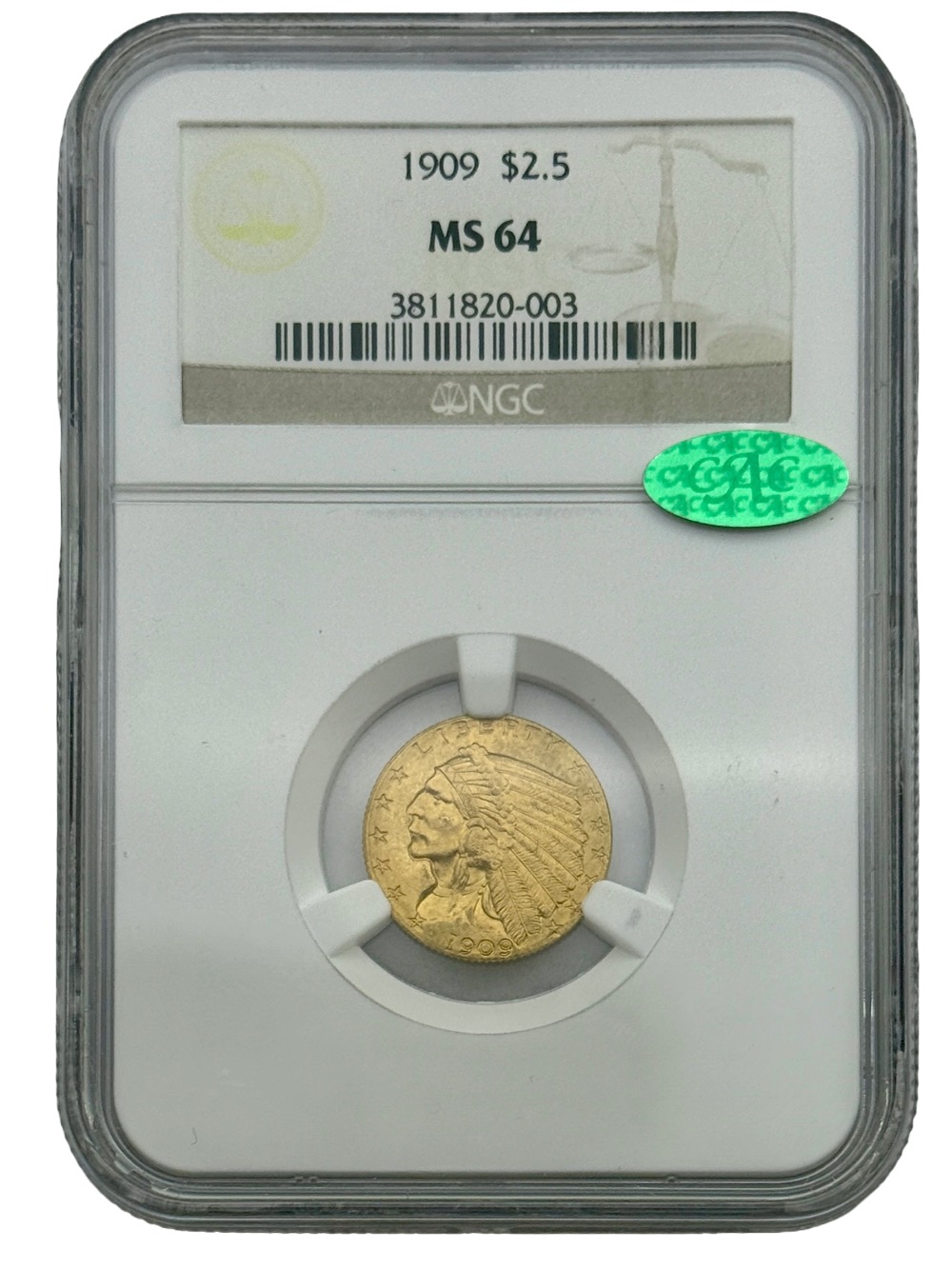 1909 $2.5 Indian Gold Quarter Eagle, NGC MS64, CAC Green Sticker