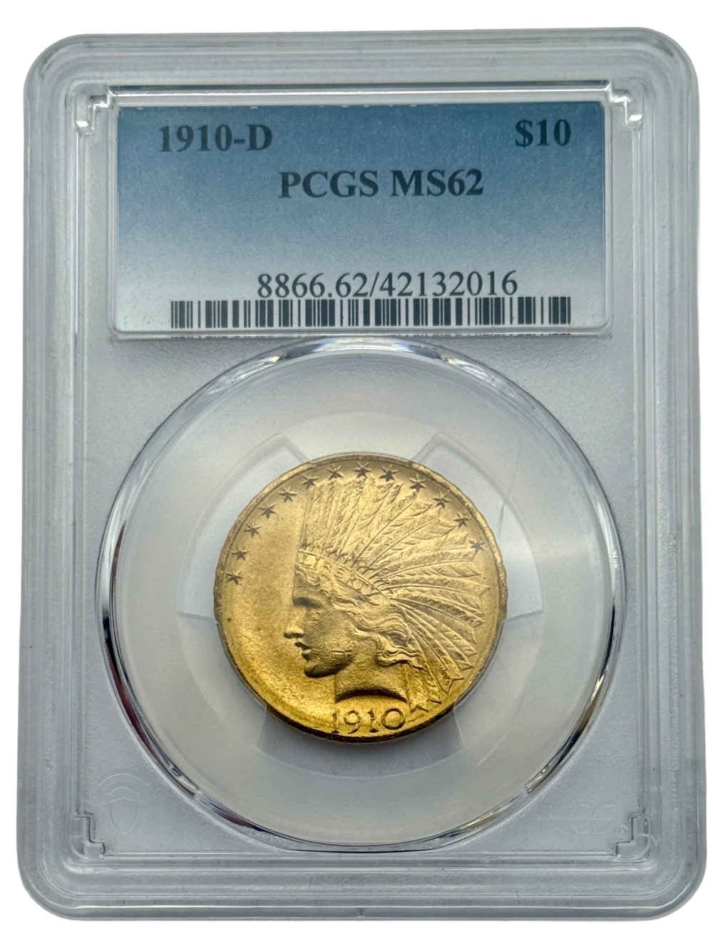 1910-D $10 Indian Head Gold Eagle, PCGS MS62, Nice Gold US Coin