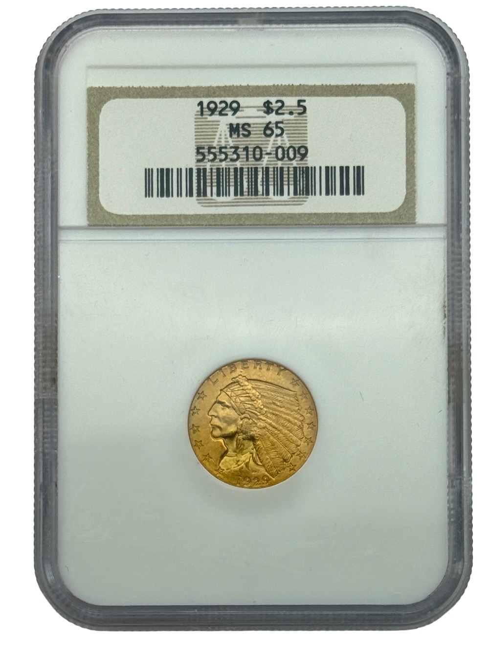 1929 $2.5 Indian Gold Quarter Eagle, NGC MS65, Scarce Final-Year Issue.