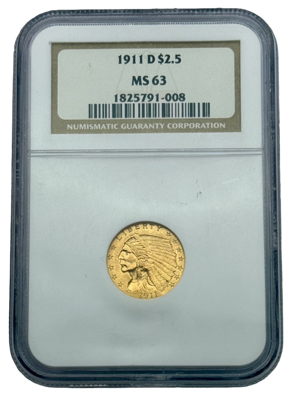 1911-D $2.5 Indian Gold Quarter Eagle, NGC MS63, Rare Key Date US Coin.