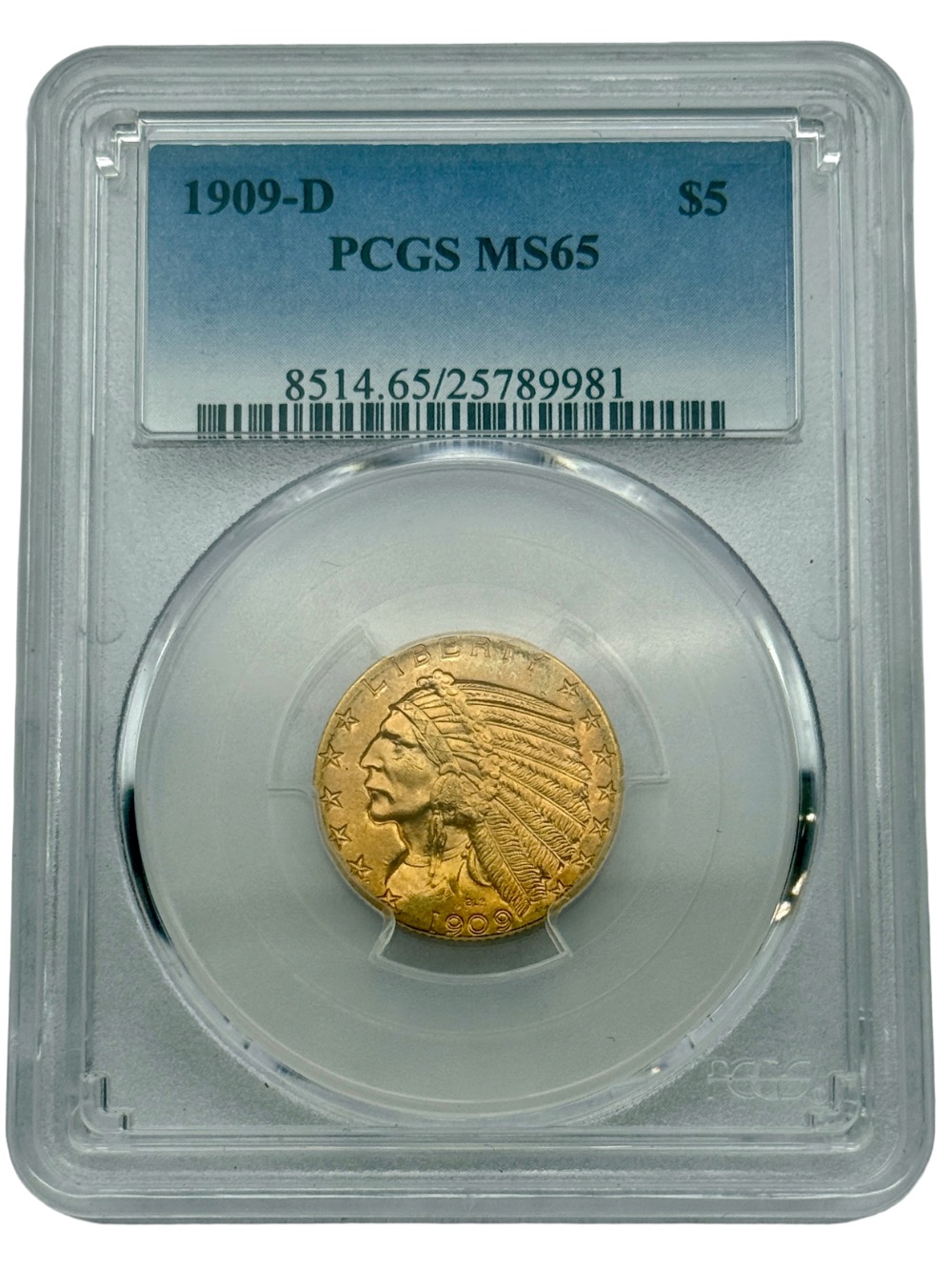1909-D $5 Gold Indian Half Eagle, PCGS MS65, Scarce Issue Coin.