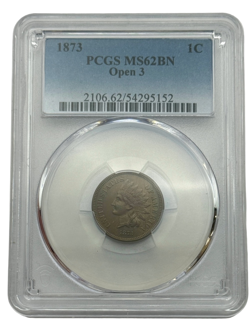 1873 Indian Head Cent, PCGS MS62BN, Open 3, Strong Original Surfaces.