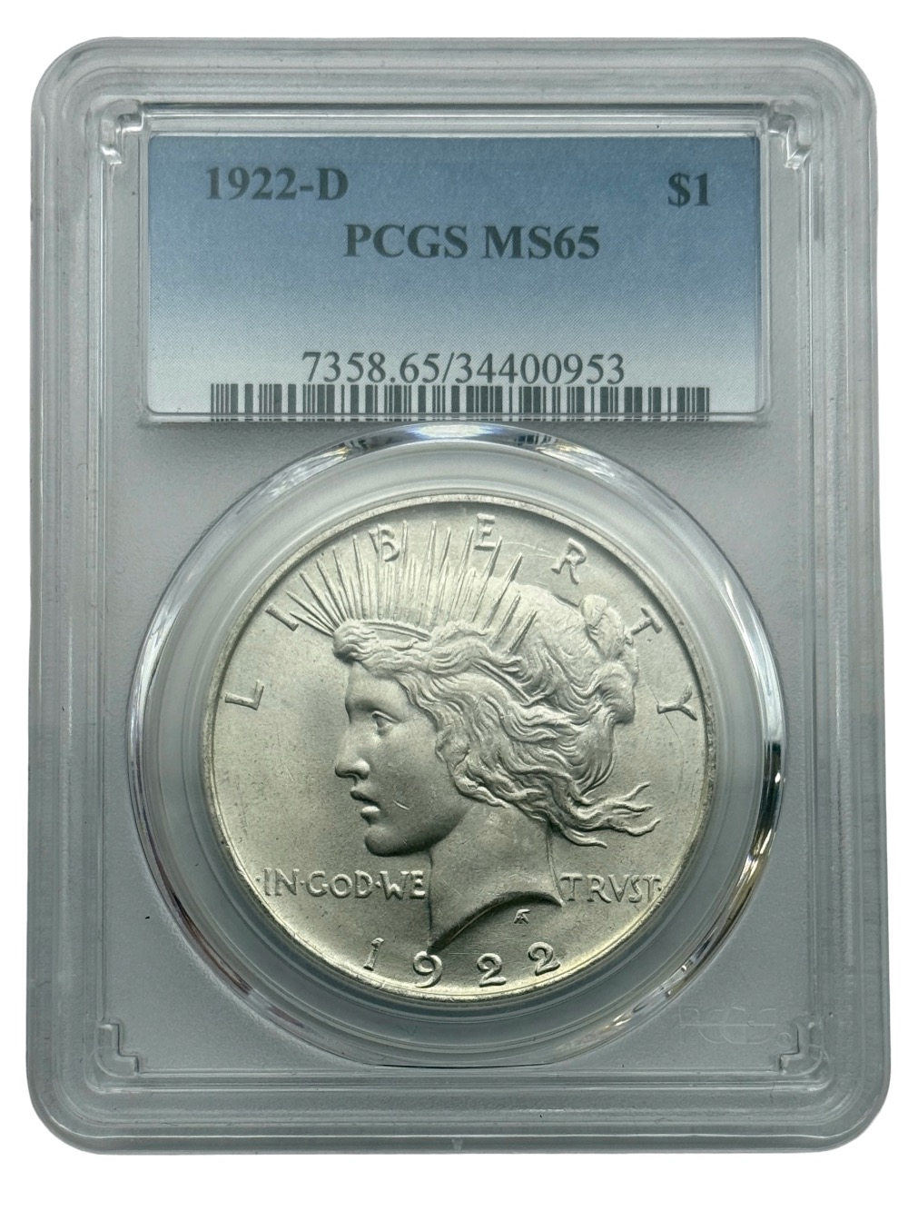 1922-D $1 Peace Silver Dollar, MS65 PCGS, Great Detail/Original Color.