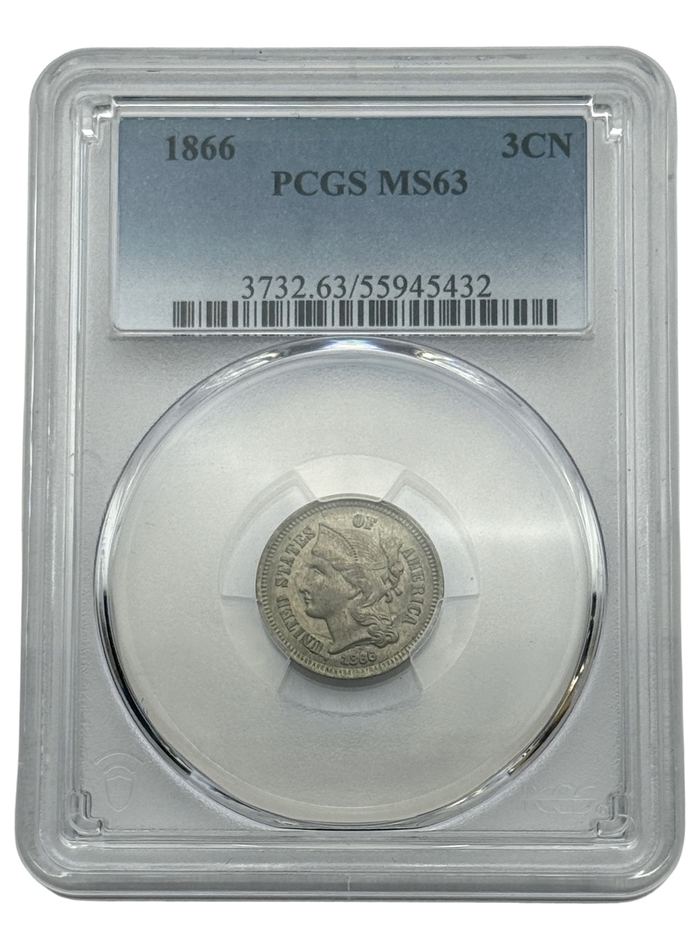 1866 3CN Three Cent Nickel, MS63 PCGS, Certified Coin.