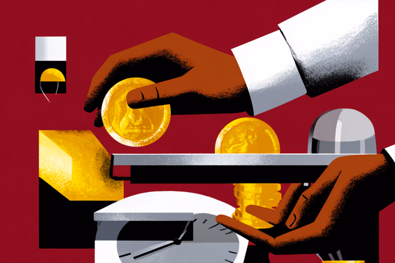 Hands authenticating gold coins with a scale and measuring tools