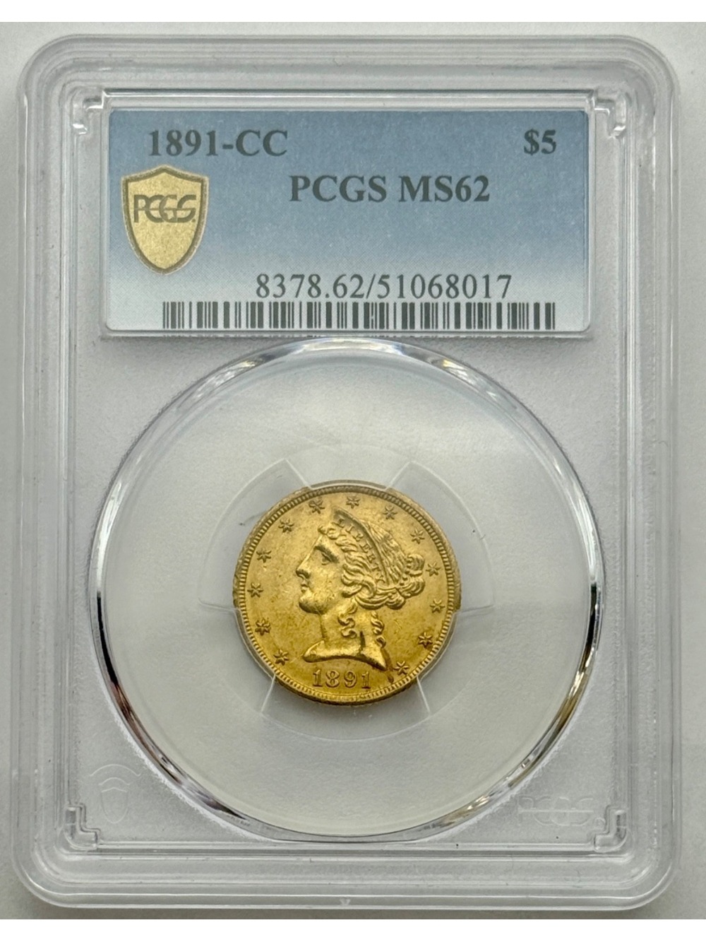 1891-CC $5 Liberty Gold Half Eagle, PCGS MS62, Carson City Mint.