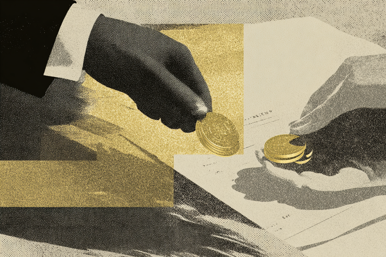 Editorial illustration of a precious metals transaction with gold coins changing hands