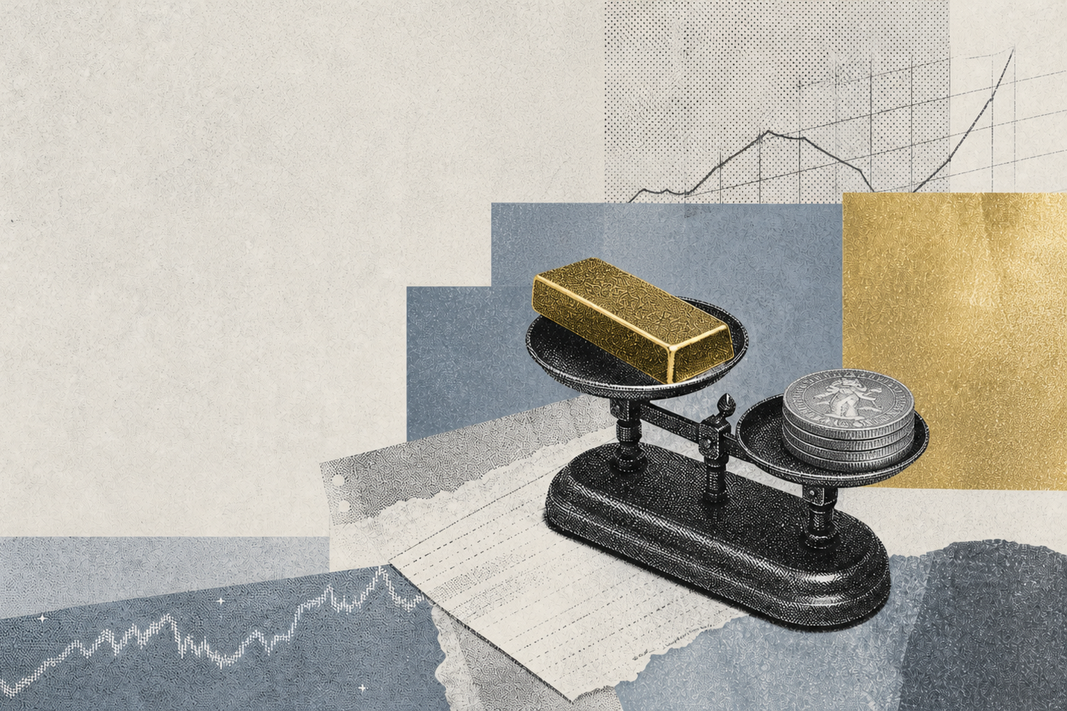 Editorial halftone illustration of gold and silver bullion premiums shown on a balance scale