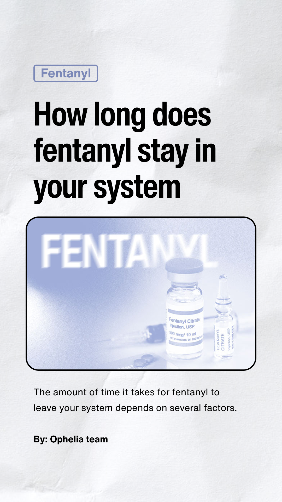 Text asking how long fentanyl stays in the system with an image of fentanyl citrate injection vials and a syringe.