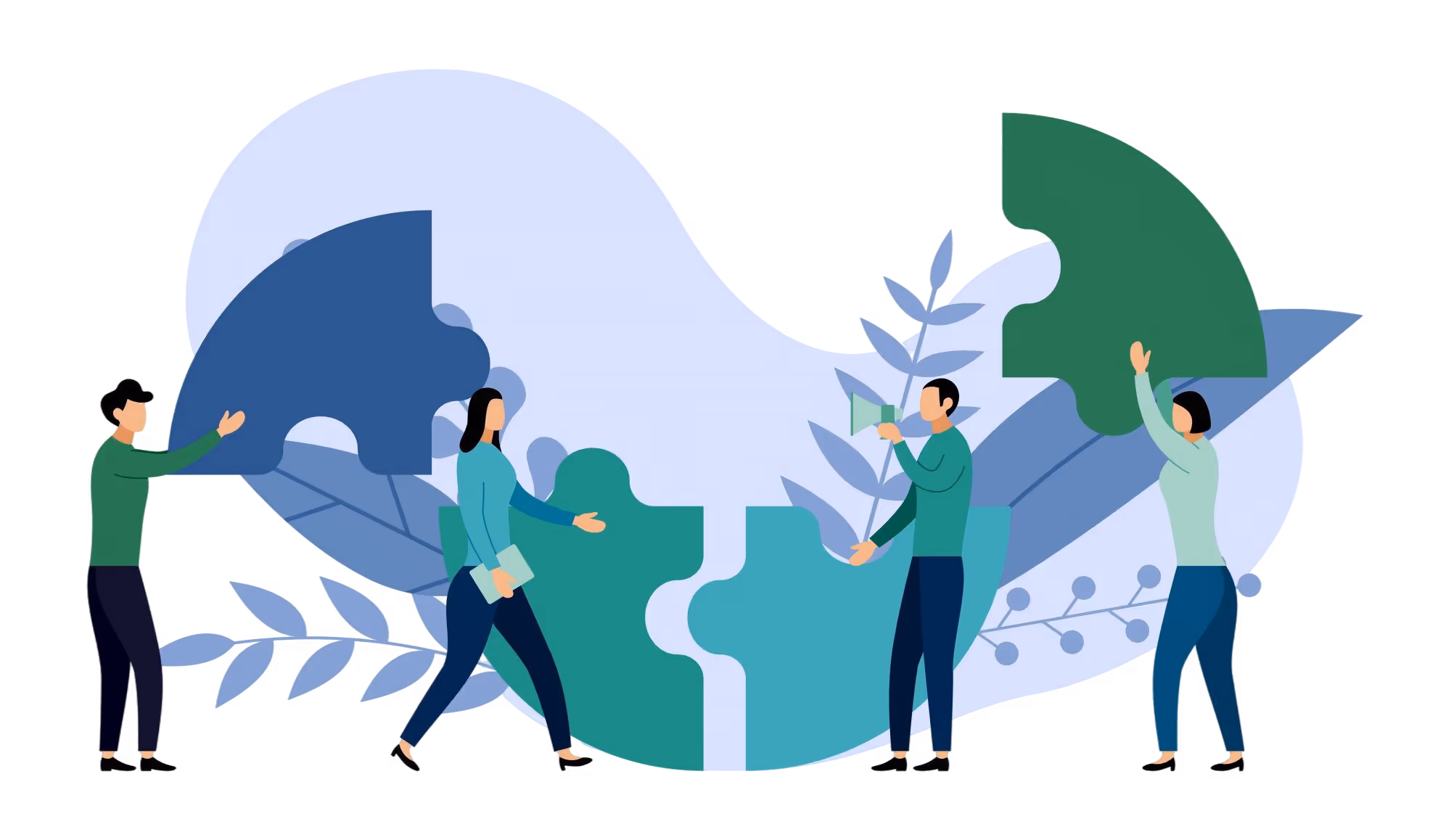 Illustration eines Teams, welches gemeinsam Puzzleteile zusammensetzt.