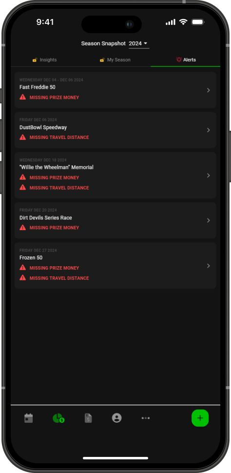RaceTrips missing-expense alerts