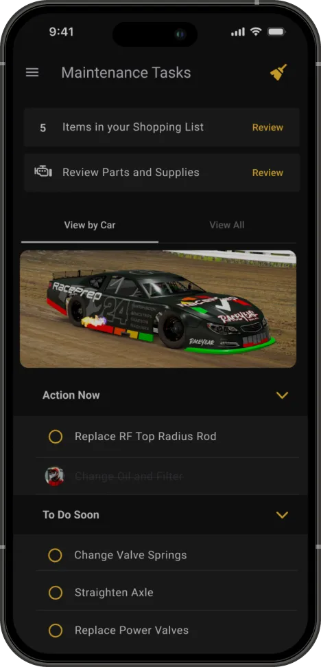 RacePrep maintenance tasks screen
