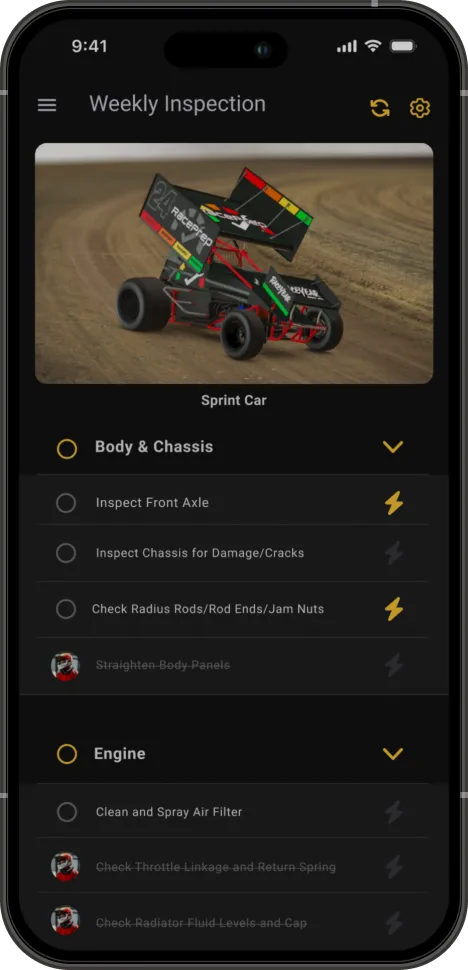 RacePrep weekly inspection screen