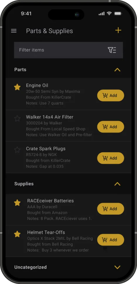 RacePrep parts and supplies screen