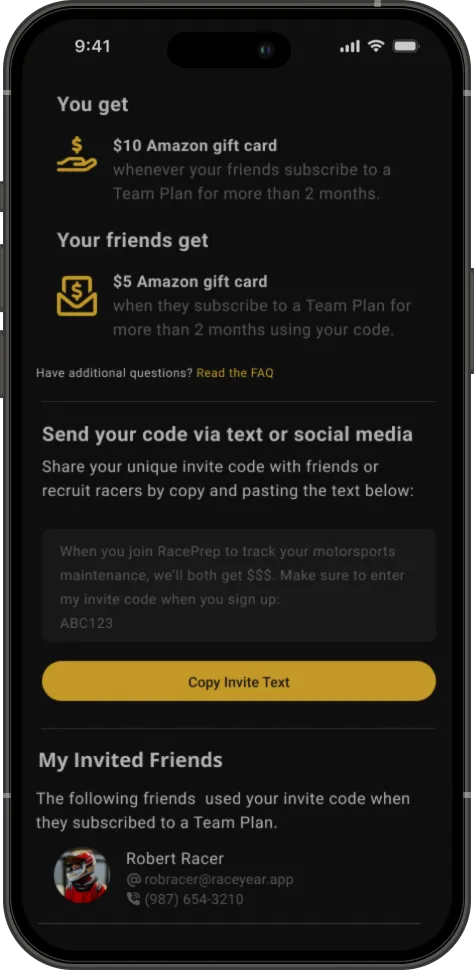 RacePrep refer a friend screen
