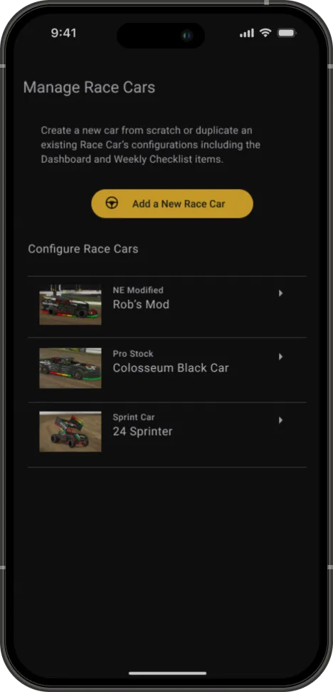 RacePrep multi-car management screen