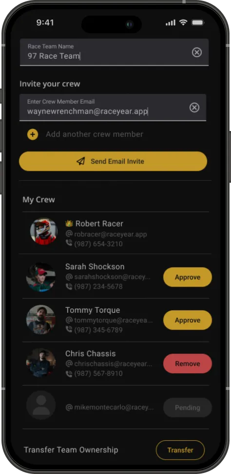 RacePrep crew invite screen