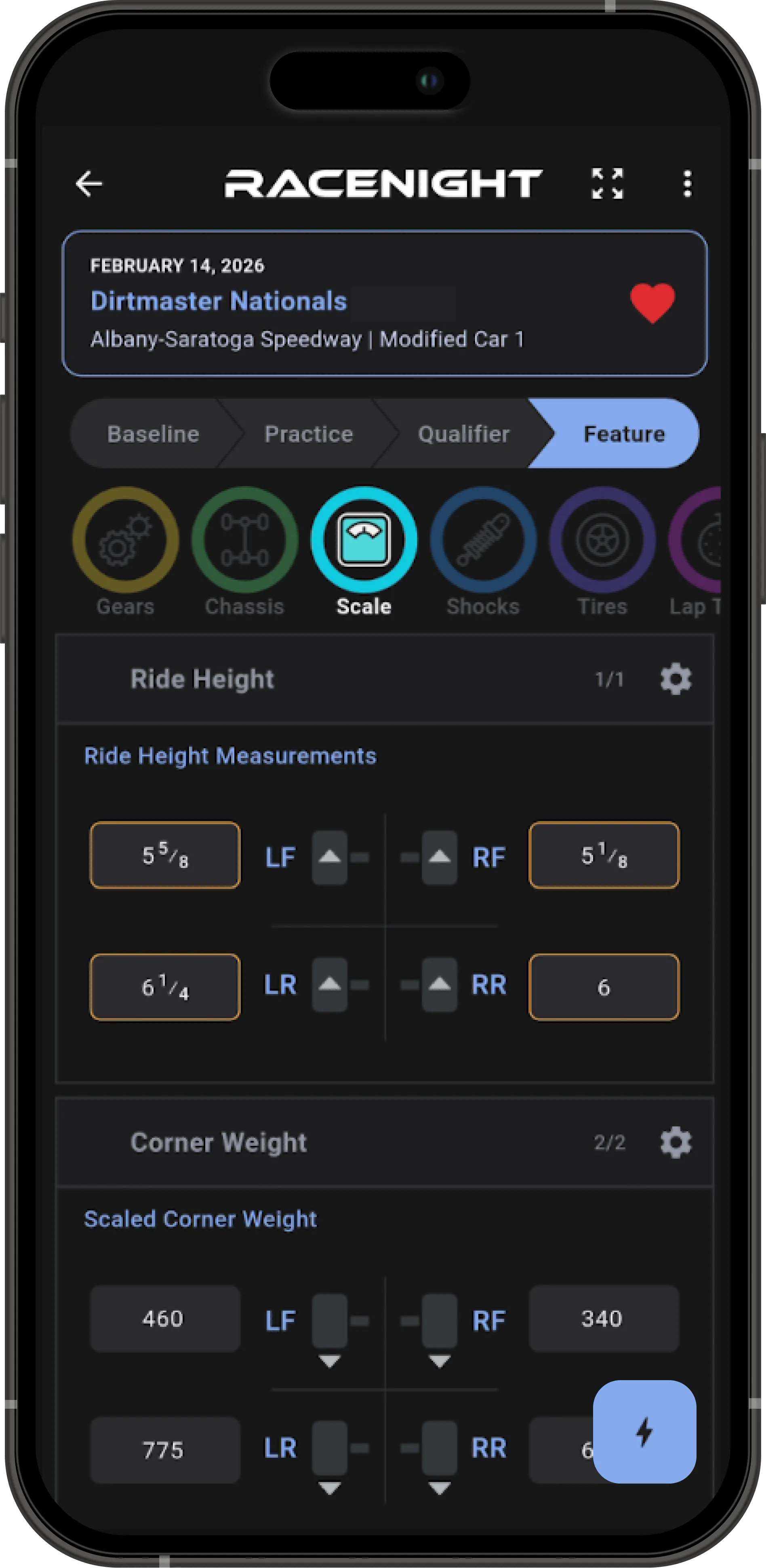 RaceNight app — setup sheet screen