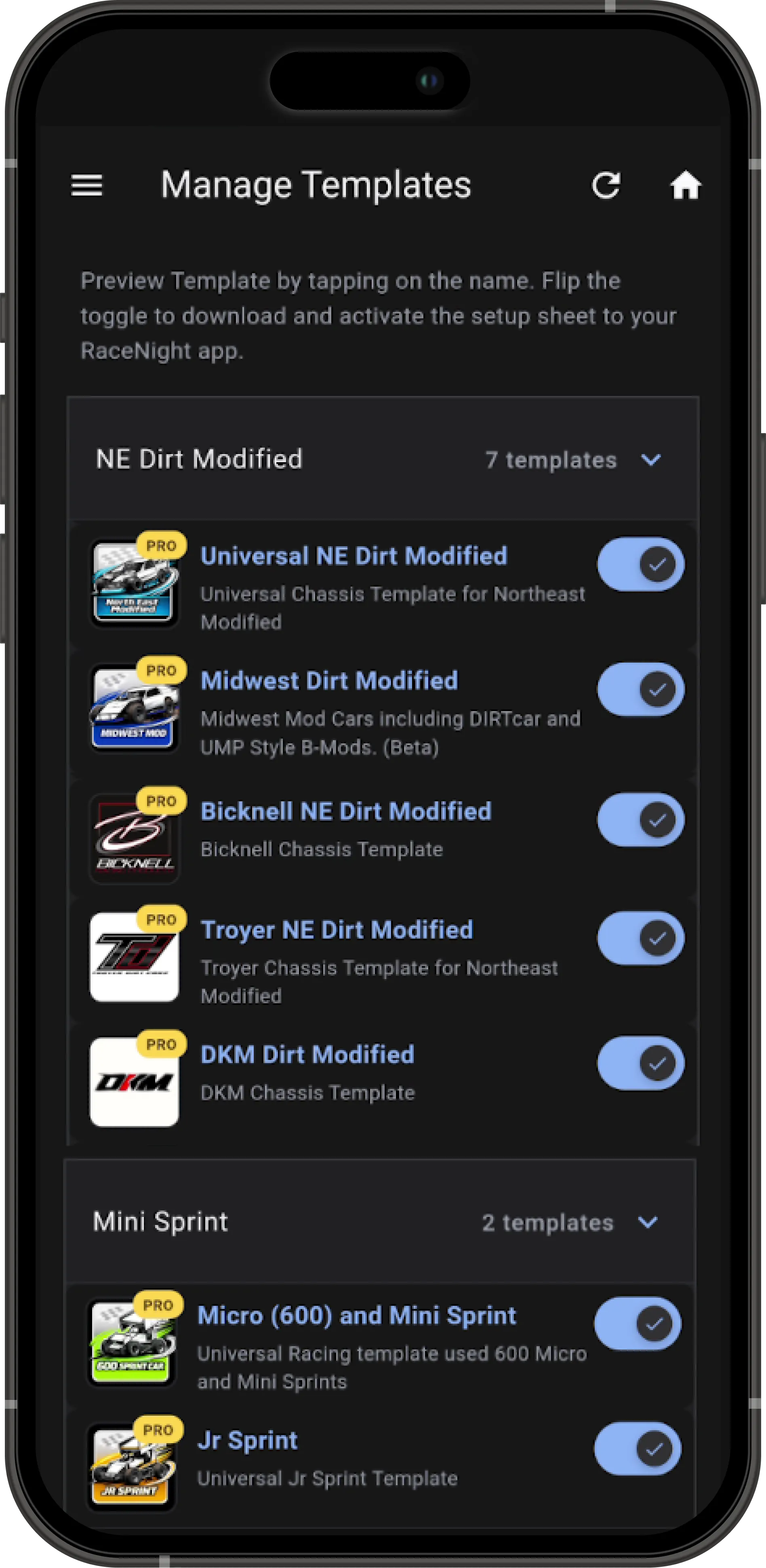 Class templates screen