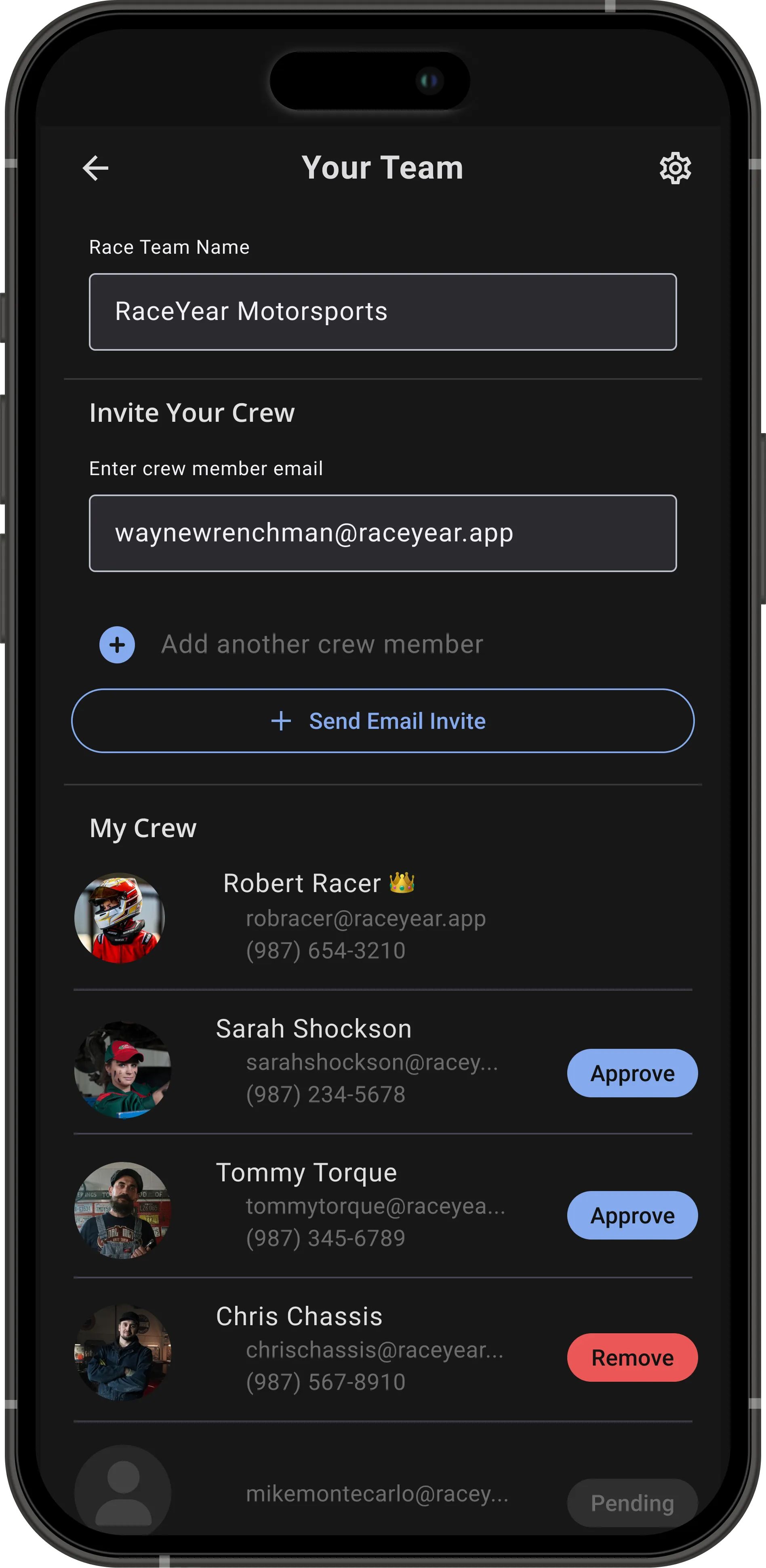 Team management screen