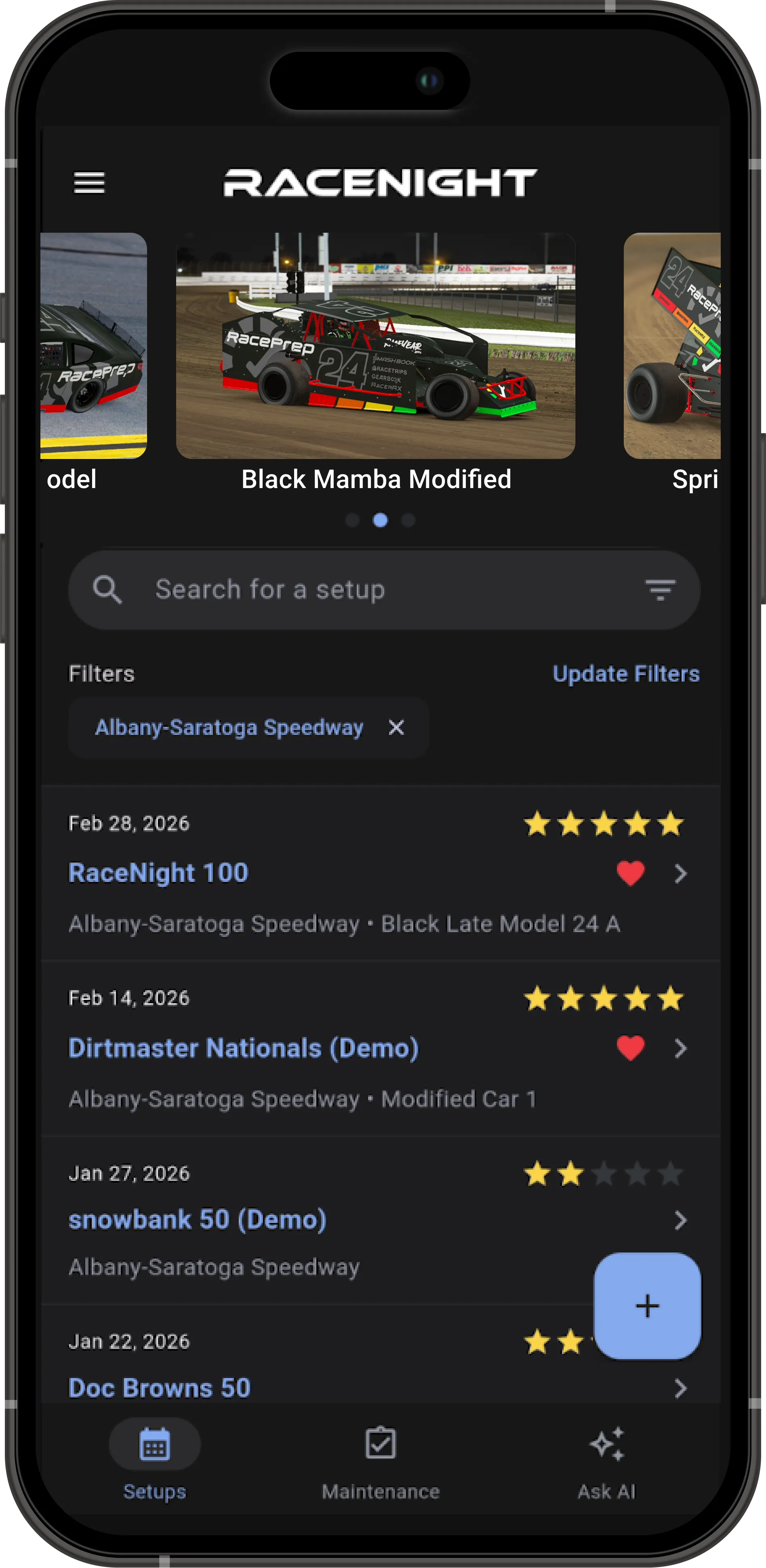 RaceNight setup list with car carousel