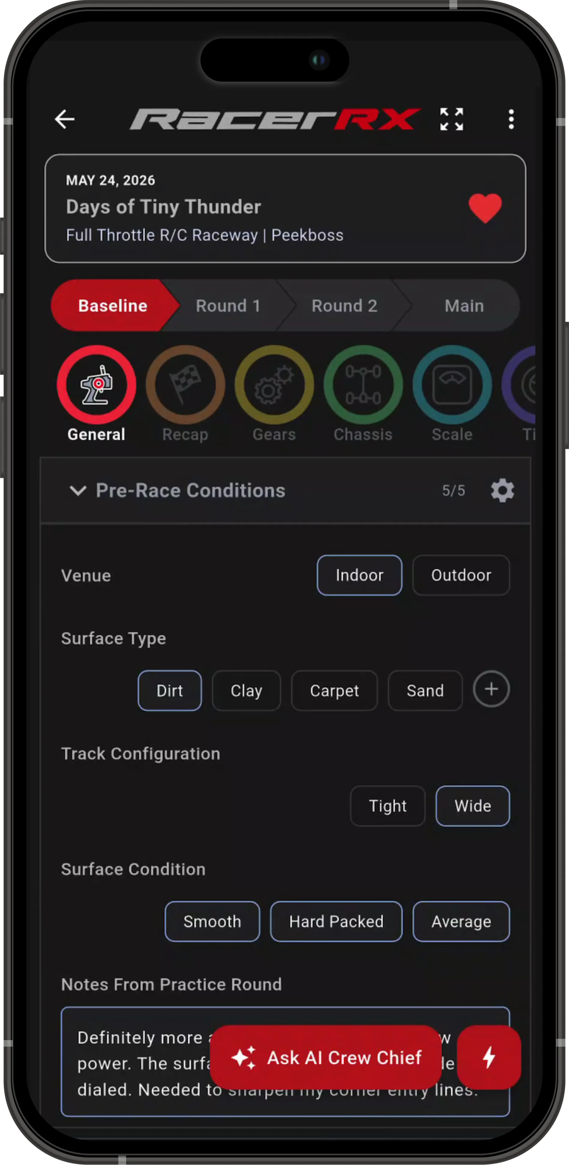 RacerRX pre-race conditions screen