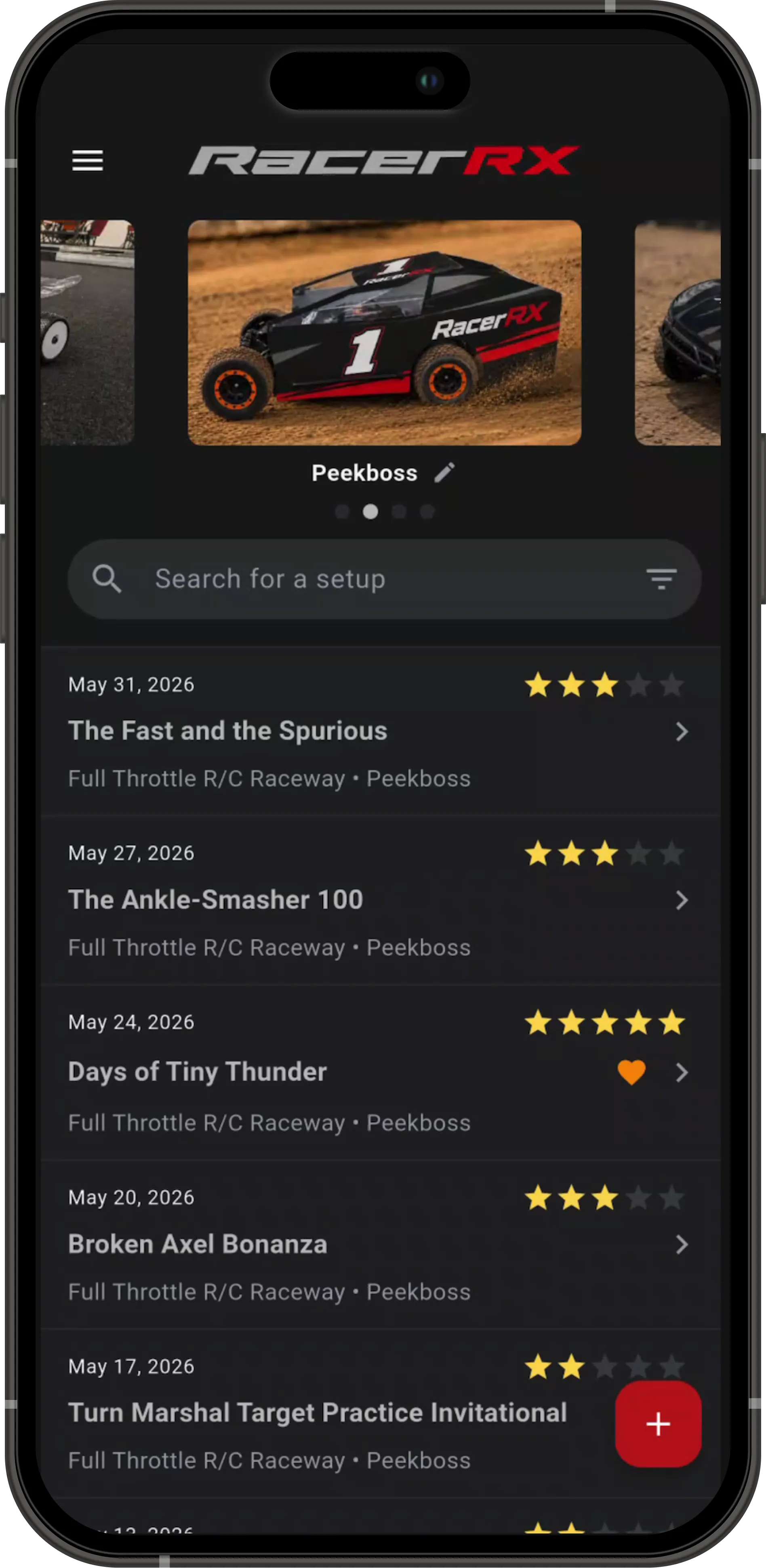RacerRX app — setups screen