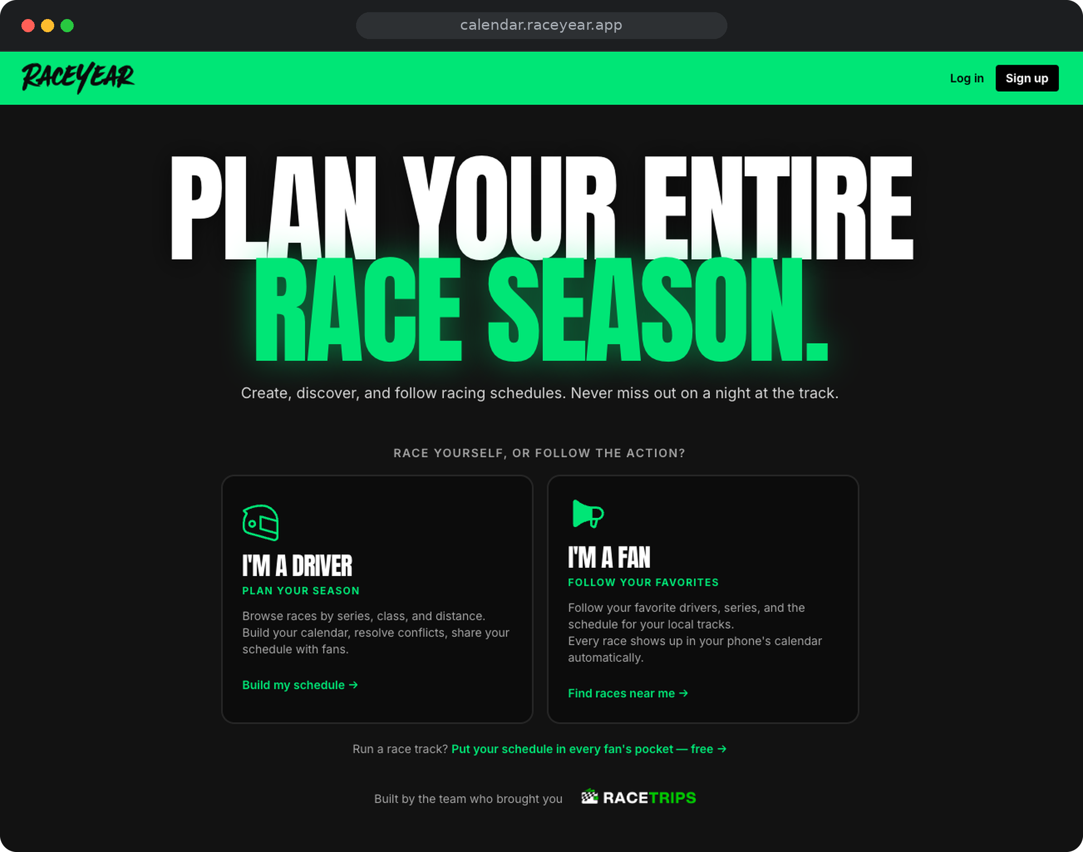 RaceYear Calendar web app shown in a browser window