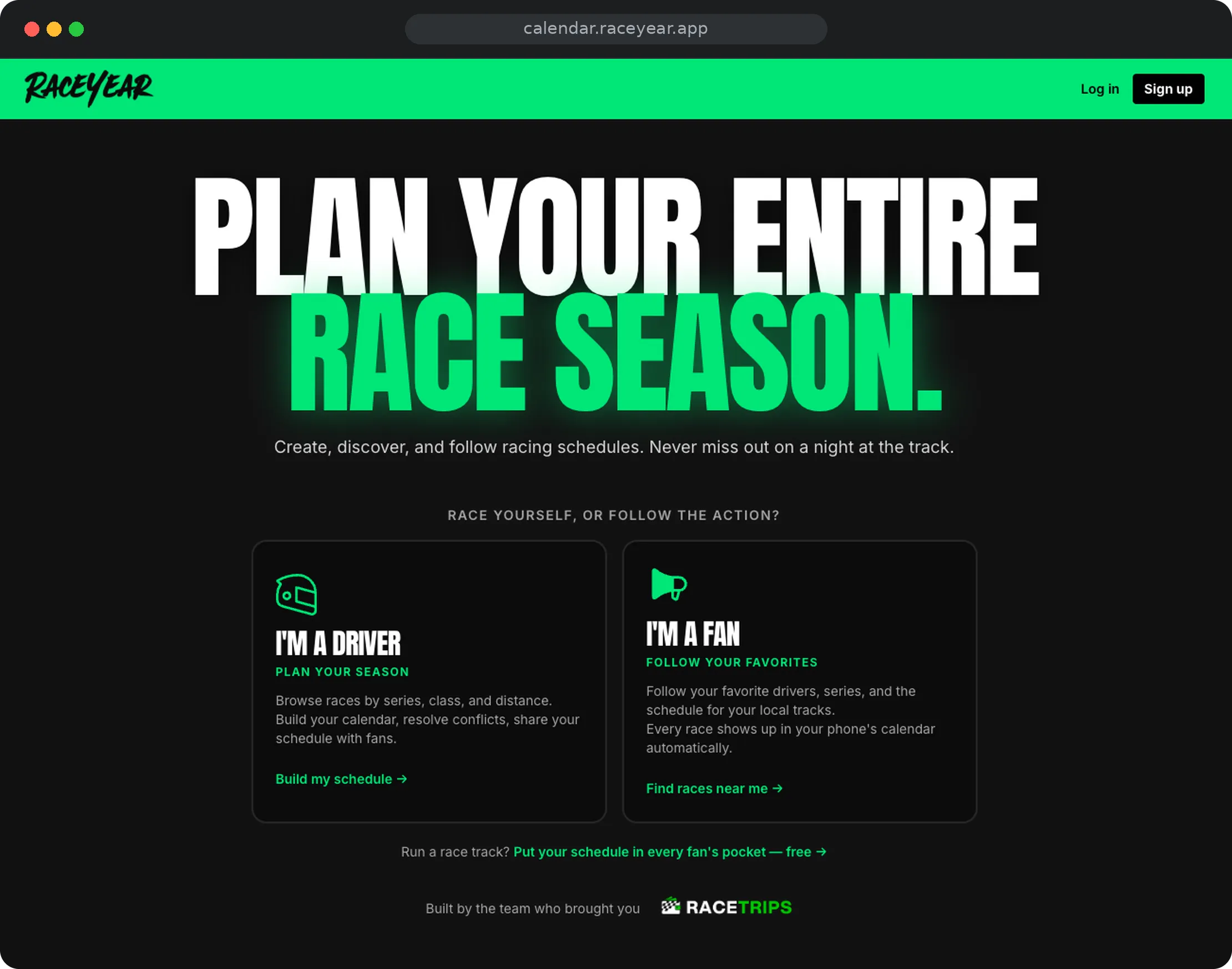 RaceYear Calendar web app shown in a browser window