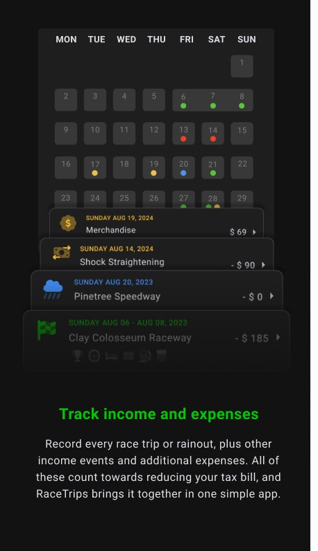 The My Race Trips calendar with colored trip dots and the month list