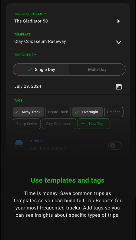 The Create New Trip Report form with name, template, dates, tags and rainout switch