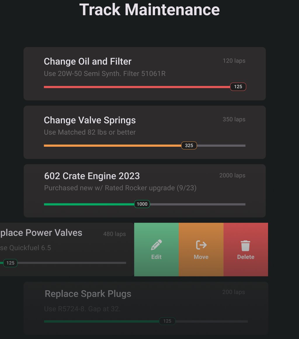 The RacePrep Dashboard with maintenance cards, lap counts and red, orange and green usage bars
