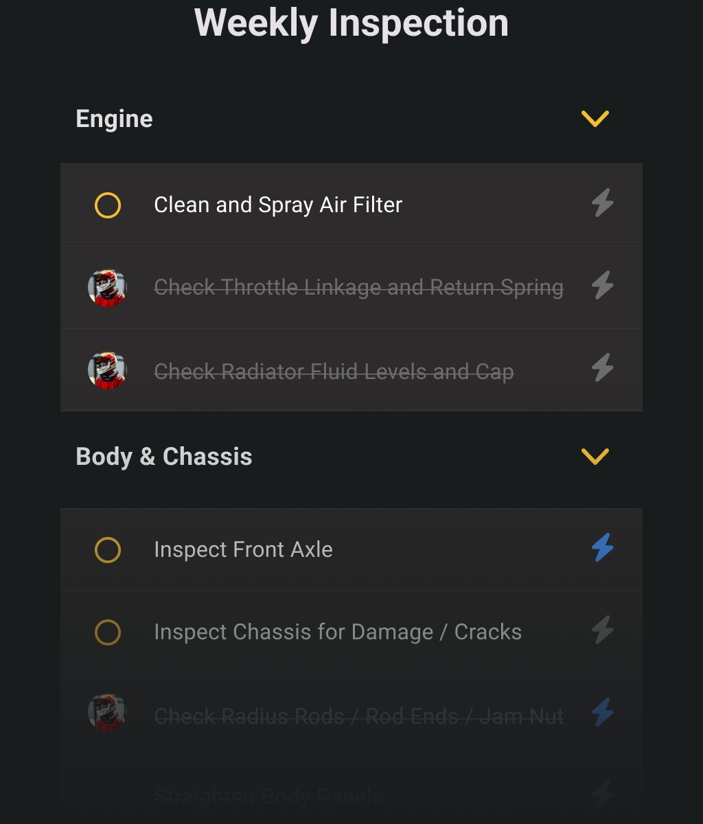 The Weekly Inspection checklist grouped by Engine and Body and Chassis, with completed items struck through