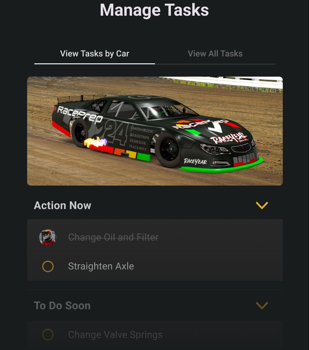 The Manage Tasks screen with the Action Now and To Do Soon sections and the car carousel