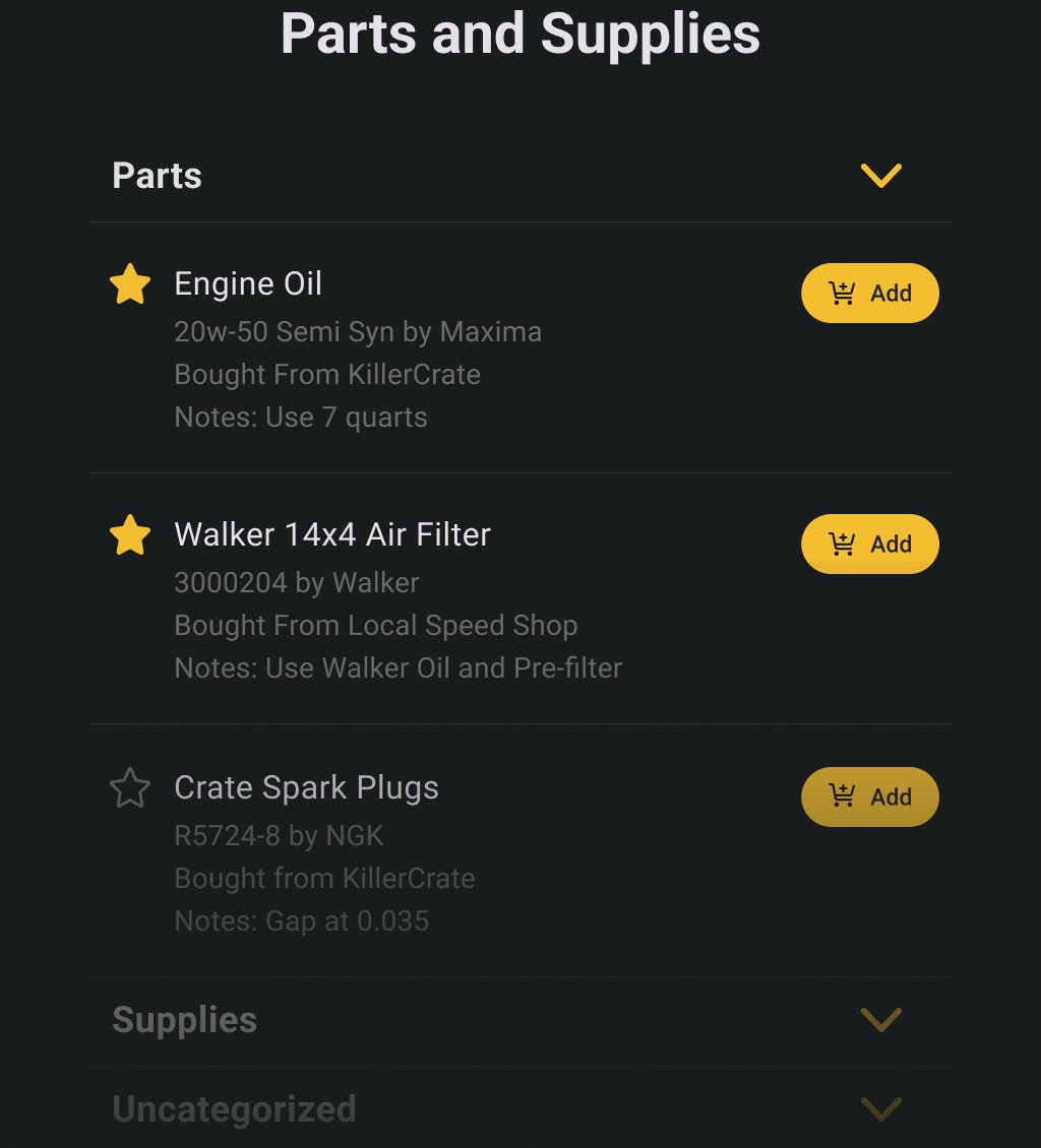 The Parts and Supplies inventory with starred favourites and Add buttons