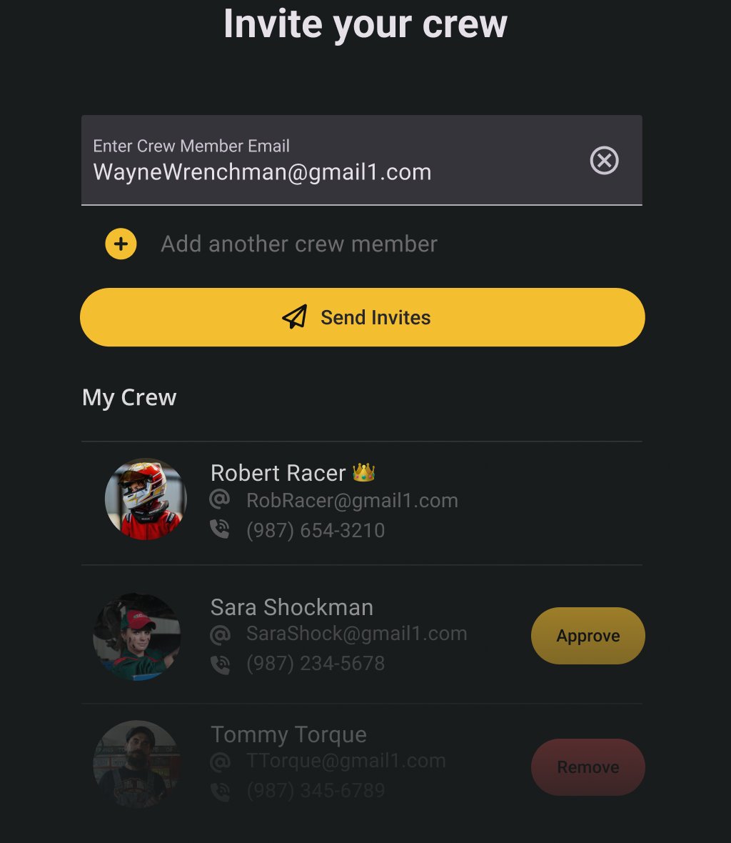 Inviting crew members by email and the My Crew list with Approve and Remove buttons