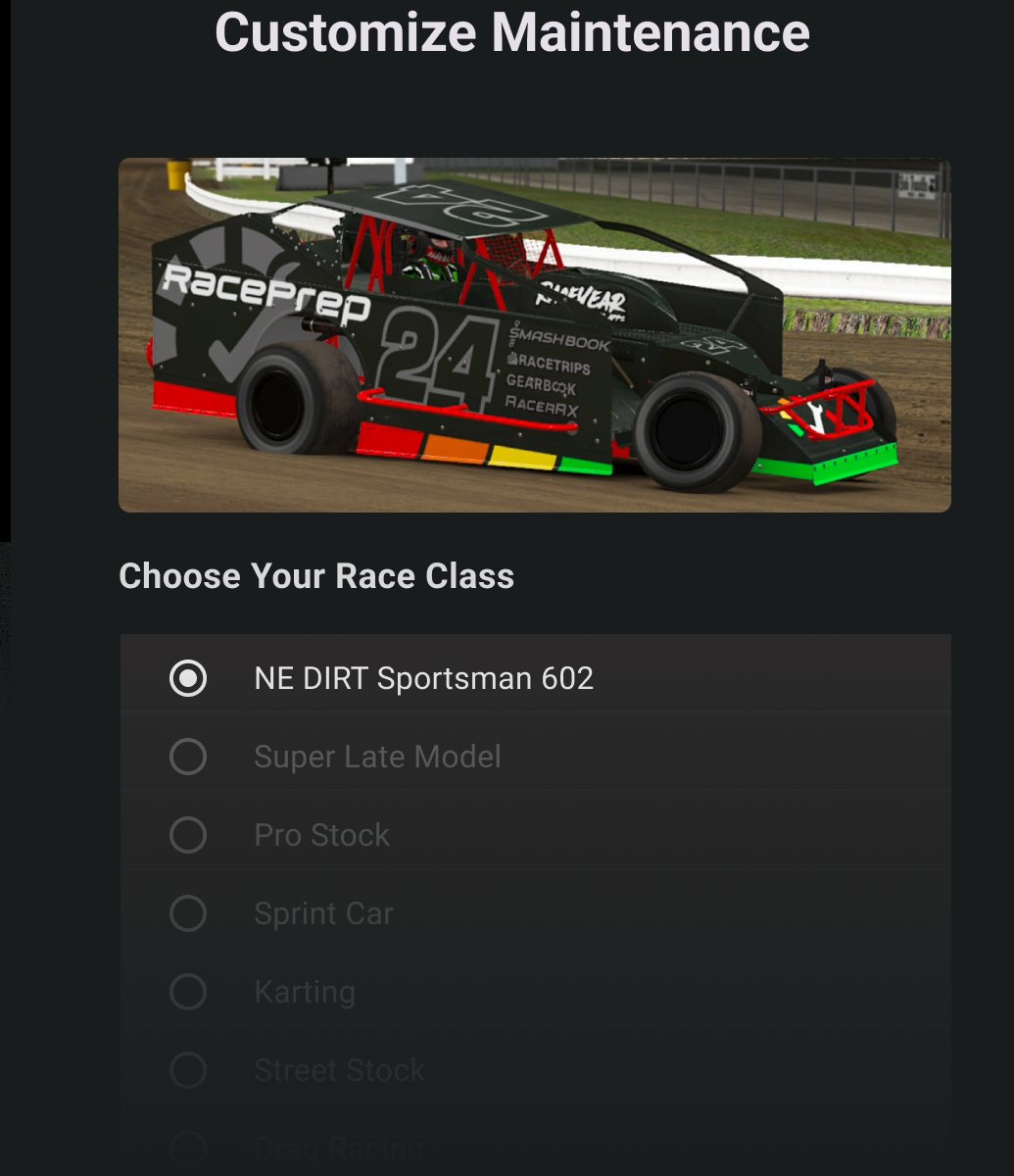 Choosing a race class so RacePrep can load a starting set of maintenance items