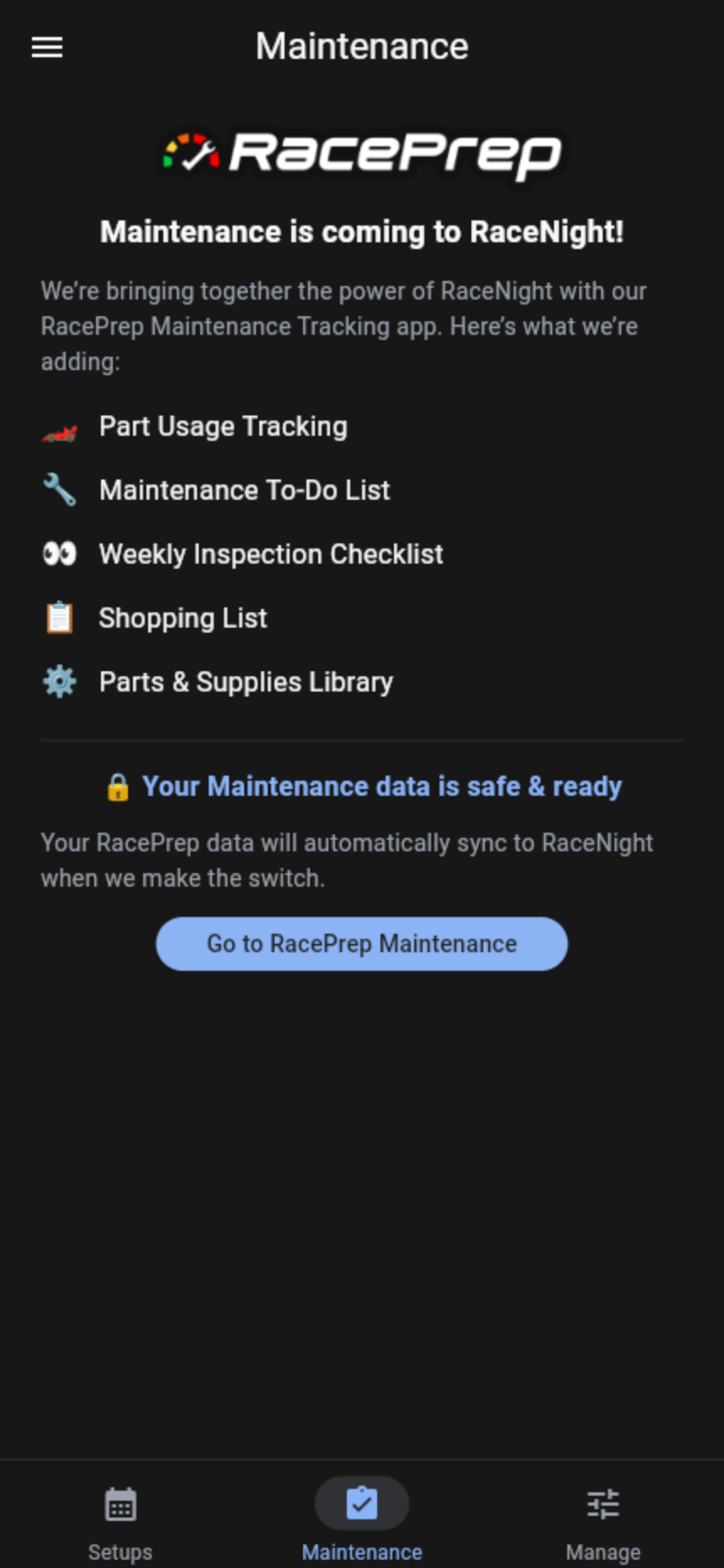 Integrated RacePrep Maintenance dashboard showing part lifecycles, shop to-dos, and inspection checklists