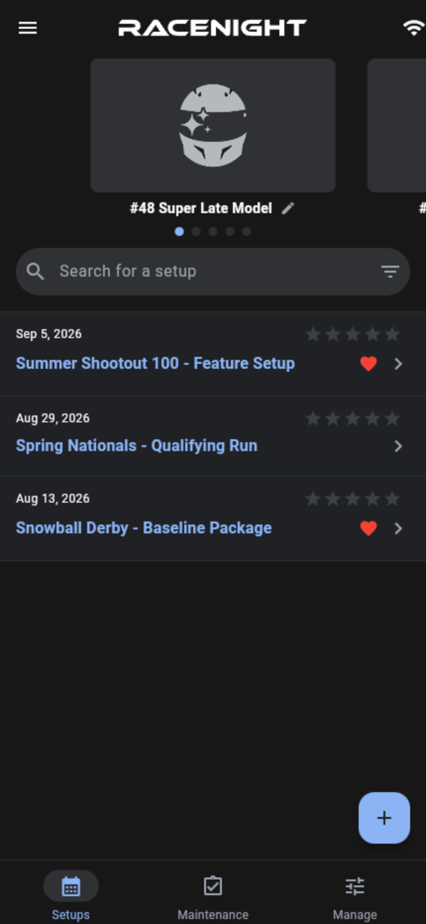 The RaceNight setup list showing authentic cars, tracks, dates, star ratings, and tags