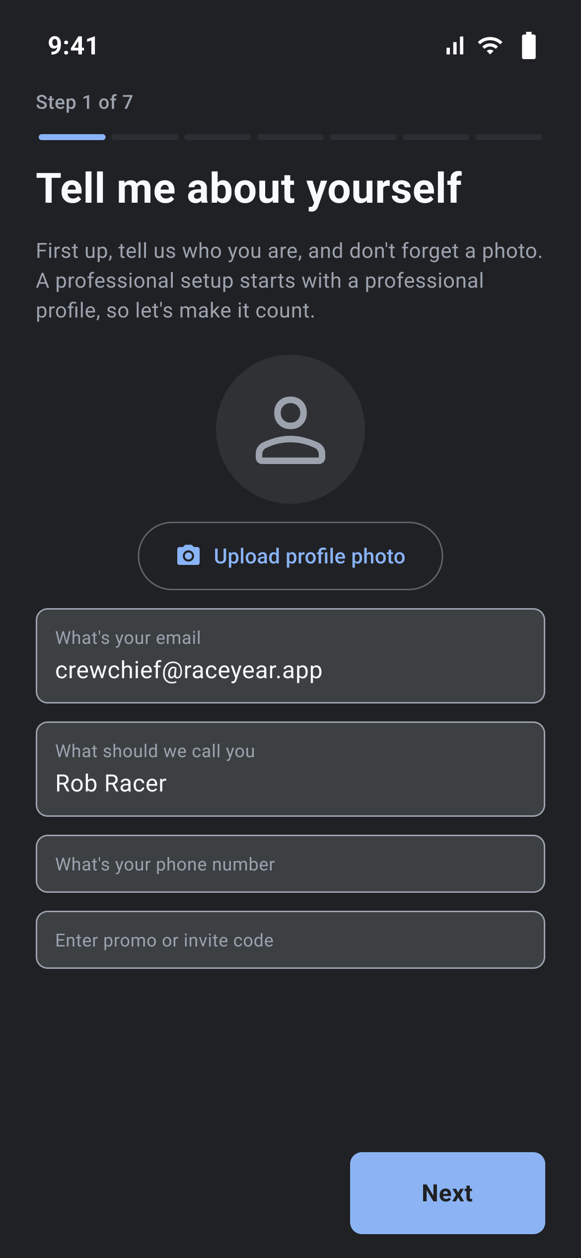 First-run setup wizard, screen 1 of 7