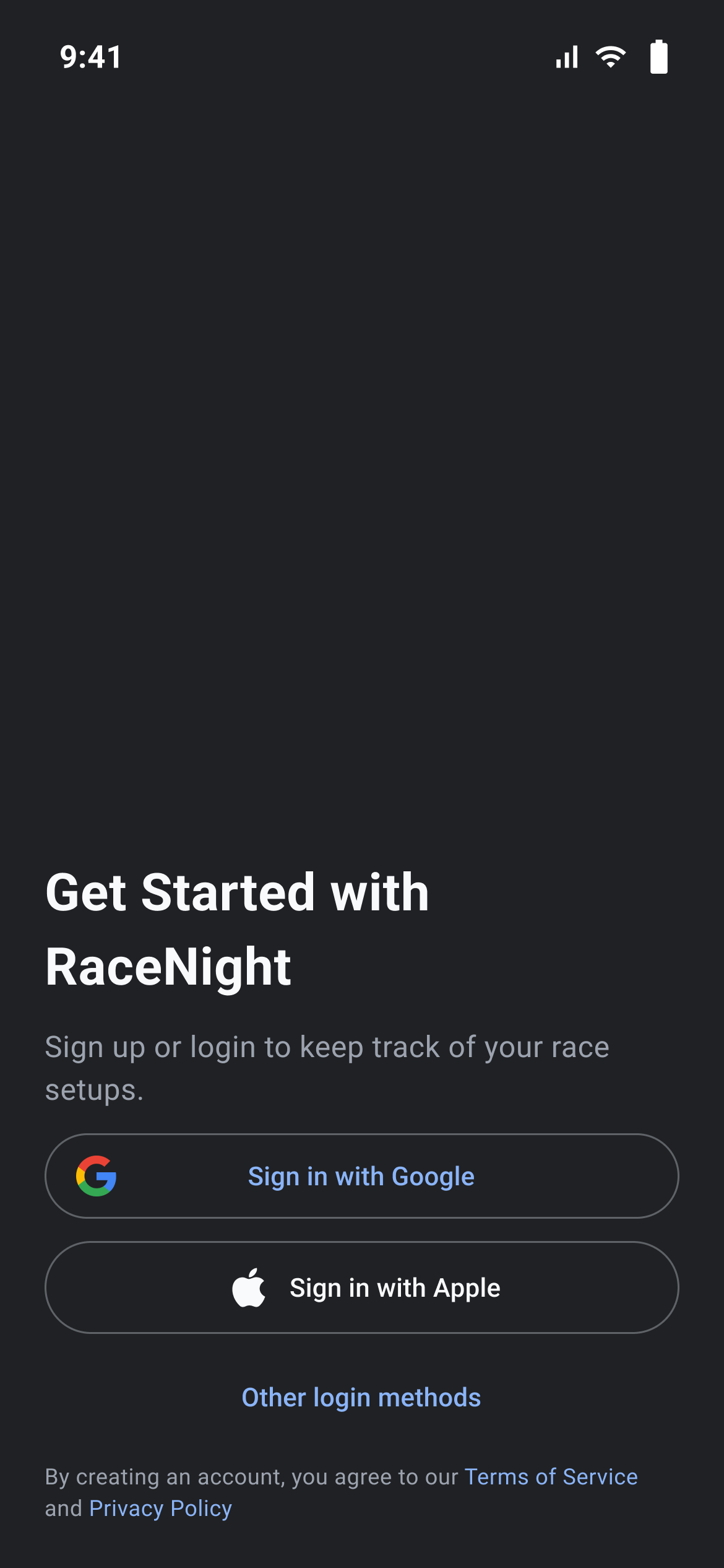 Sign-in screen with Sign in with Google, Sign in with Apple and the Other login methods link