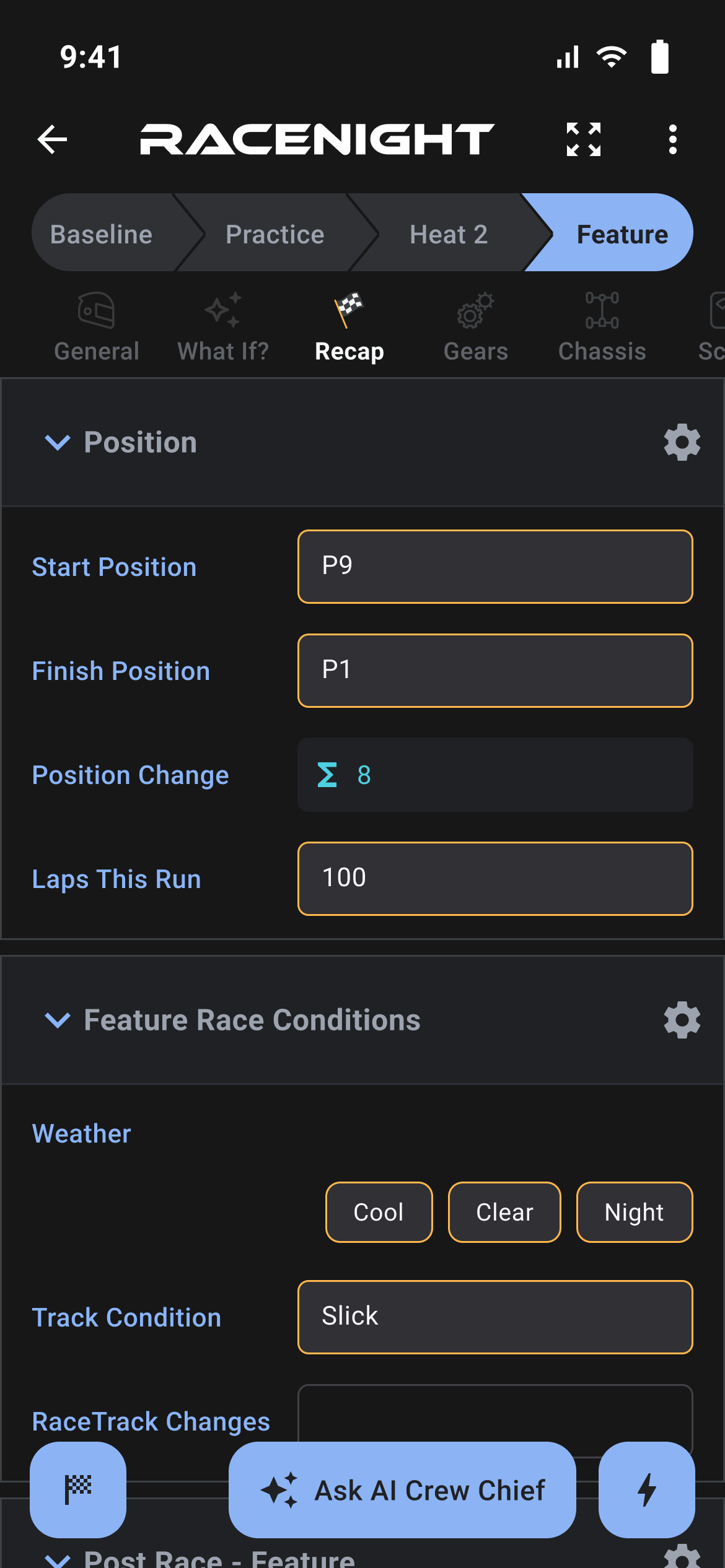 Recap category on Feature with start and finish position, position change, laps run and race conditions