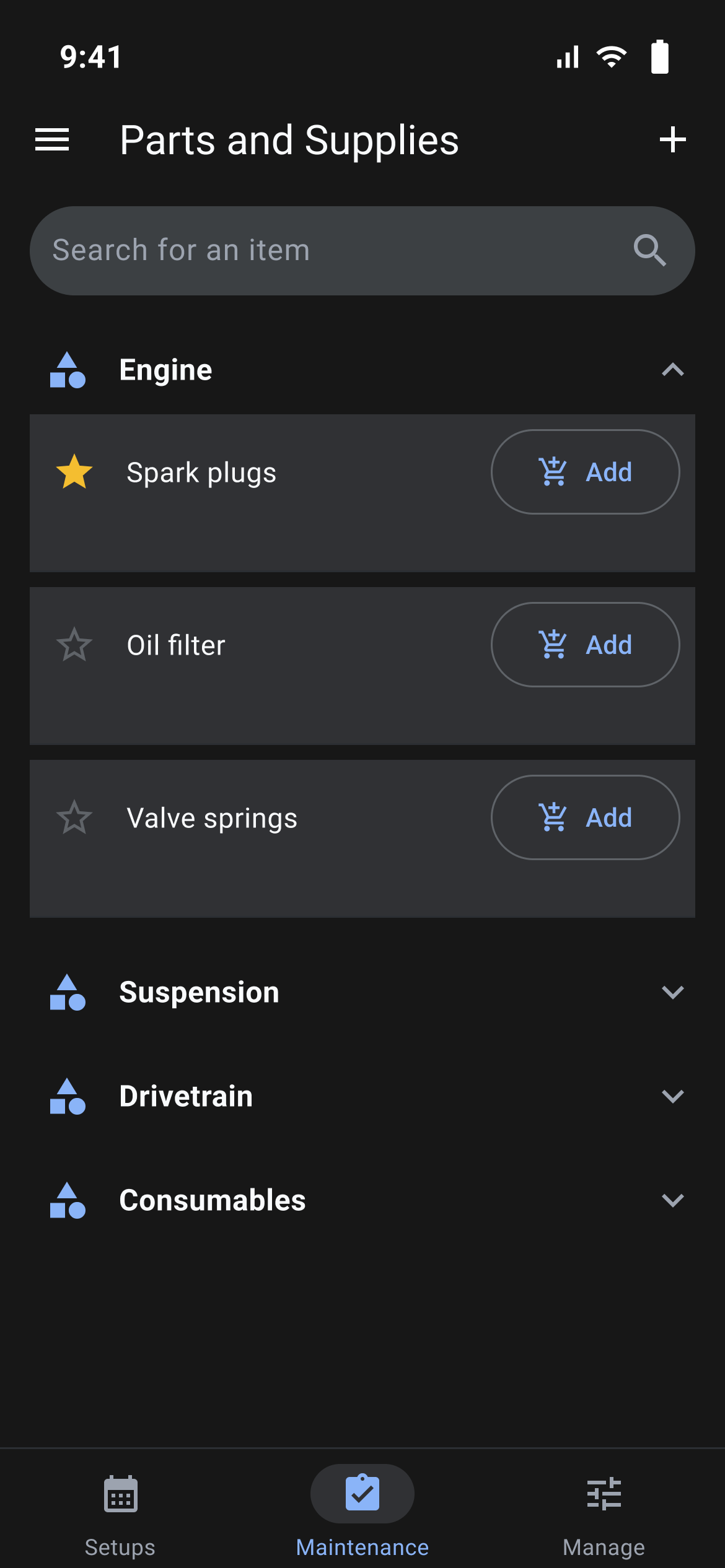 Parts and Supplies grouped by Engine, Suspension, Drivetrain and Consumables