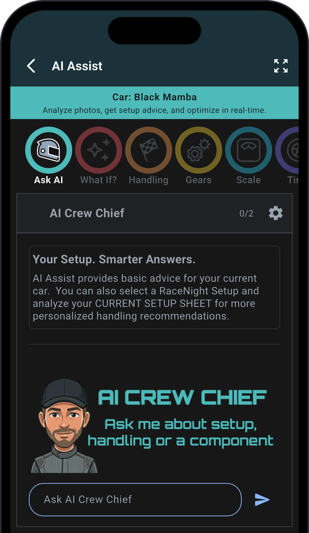 RaceNight setup list with the AI Assist button that opens Ask RaceNight AI