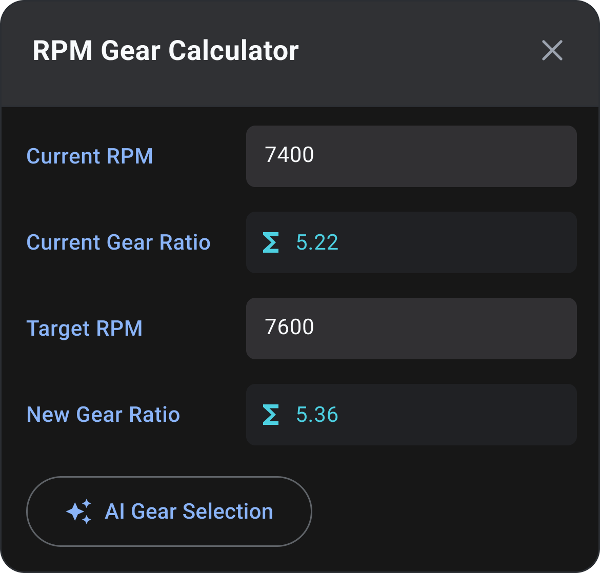 RPM Gear Calculator: 7400 to 7600 RPM moves the gear ratio from 5.22 to 5.36, with AI Gear Selection
