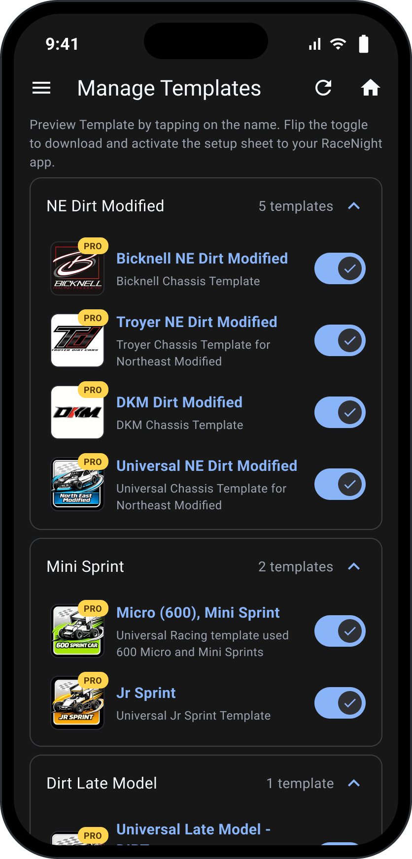 Class templates on an iPhone: NE Dirt Modified, Mini Sprint and Dirt Late Model groups with PRO templates switched on