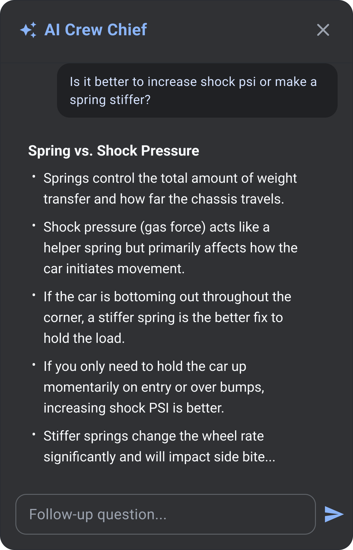 AI Crew Chief explaining when to stiffen a spring versus add shock pressure